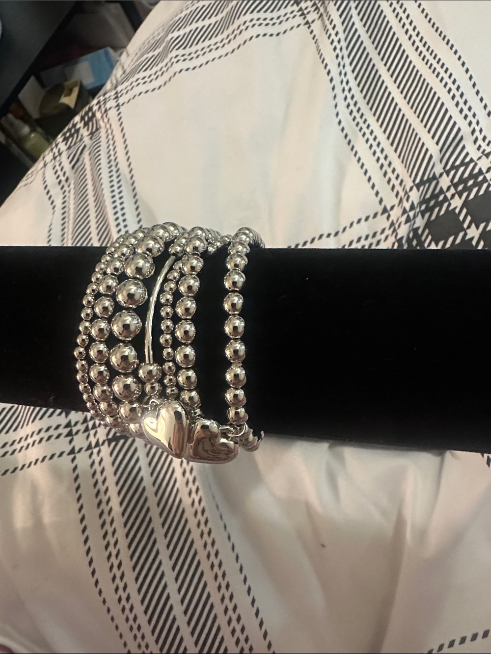Silver Heart Beaded Cuff Bracelet - Women's Jewelry